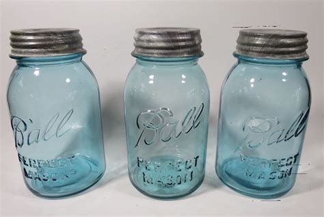 Lot Of 3 Blue Old Ball Perfect Mason Canning Jars 1923 To 1933 Quart Zinc Lids Ball Canning