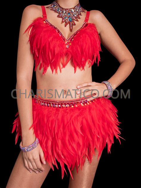 Fiery Red Samba Dancers Feather Bra And Skirt Set