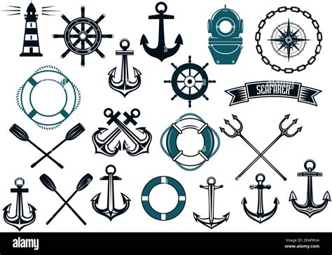 Nautical Themed Design Elements With Lighthouse Rope Anchor Paddle