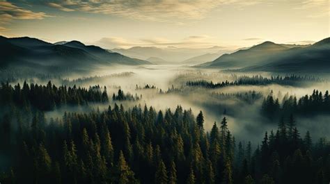 Premium Photo Drone View Of A Misty Coniferous Forest Autumn