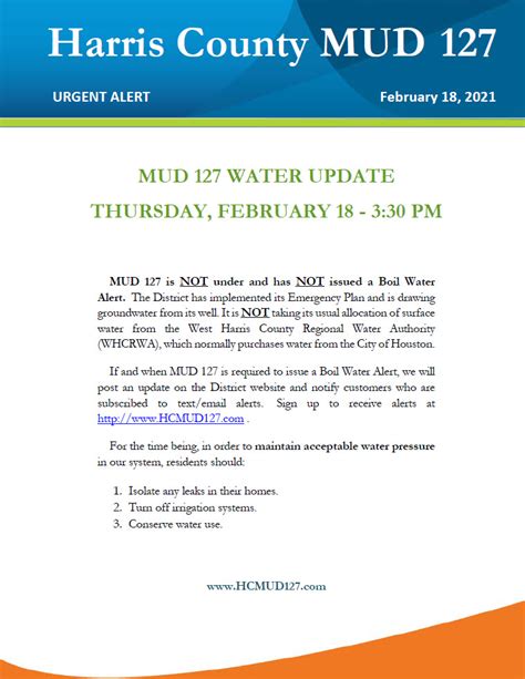 No Boil Water Alert Harris County Municipal Utility District 127