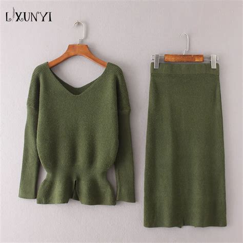 2018 Autumn Winter Knit Skirt Suit Set 2 Piece Women Sweater Pullover