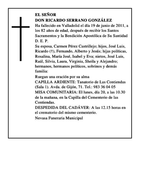 Don Ricardo Serrano González Esquela Necrológica El Norte de Castilla