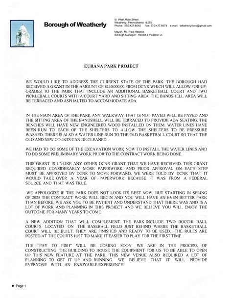 EURANA PARK PROJECT – Borough of Weatherly