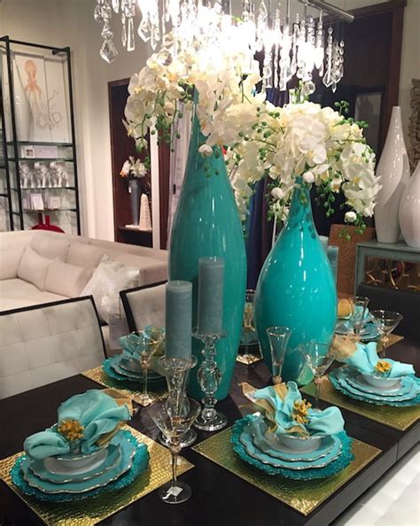 Turquoise Vases With White Orchids Amazing Centerpiece Dining Room Table Decor Table