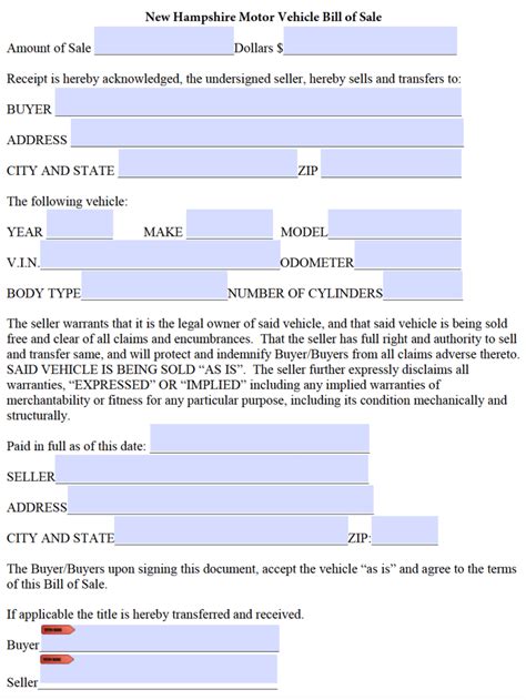 Free New Hampshire Bill Of Sale Forms Pdf