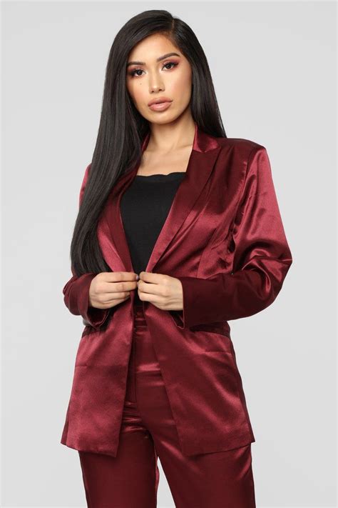 Seal The Deal Satin Suit Set Burgundy Fashion Nova Outfits Fashion Satin Suit