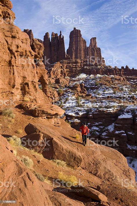 Man Hiking In Fisher Towers Moab Utah Stock Photo Download Image Now