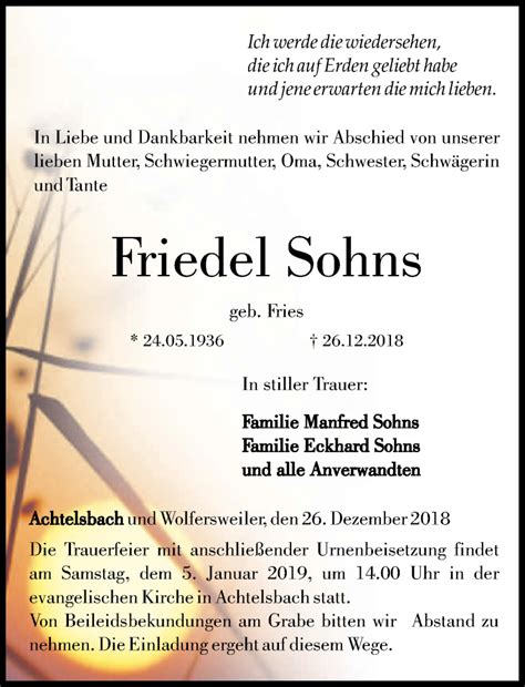 Traueranzeigen Von Friedel Sohns Rz Trauer De