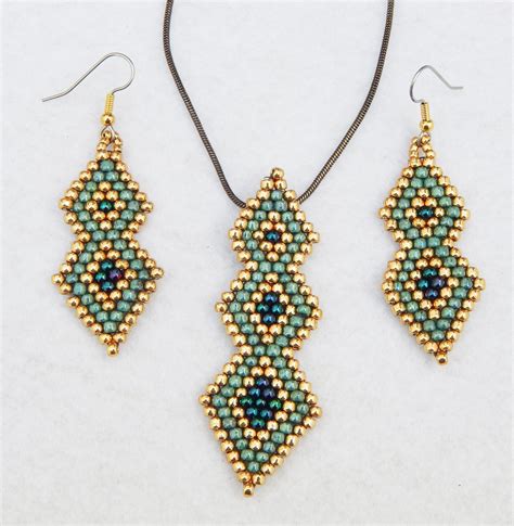 Brick Stitch Diamonds Earrings And Pendant Pattern Etsy New Zealand