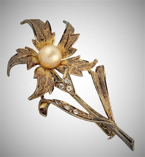 Ancienne Broche Fleur En Vermeil Argent Massif Avec Perle Et Strass Jm