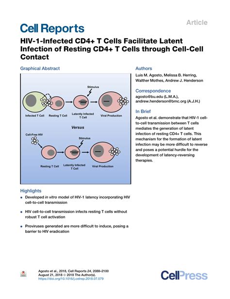 Pdf Hiv 1 Infected Cd4 T Cells Facilitate Latent Infection Of