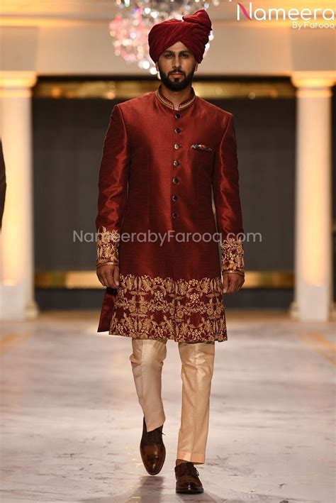 Maroon Sherwani In Velvet Fabric By Amir Adnan Sherwani Wedding