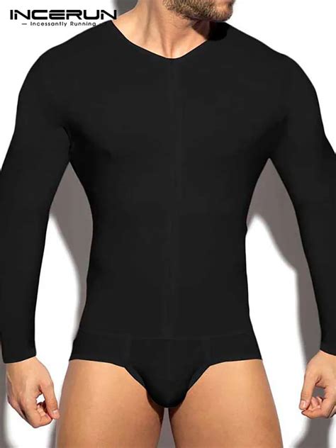 Incerun Men Bodysuits Round Neck Long Sleeve Underwear Skinny