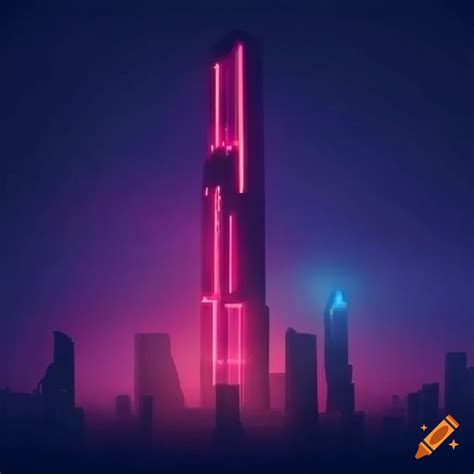 Neon Lit Skyscraper In A Misty Dystopian City On Craiyon