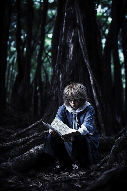 Premium Photo | A person reading a book in the woods