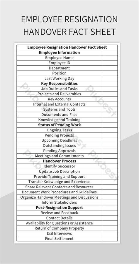 Employee Resignation Handover Fact Sheet Excel Template Free Download Pikbest