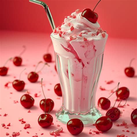 Cherry Milkshake In Elegant Glass Decorated With Whipped Cream And