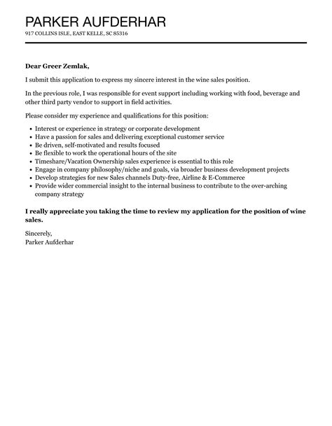 Wine Sales Cover Letter Velvet Jobs