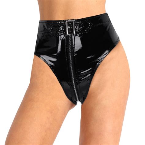 Women Lingerie Wet Look Pvc High Cut Front Zippered Briefs Underwear