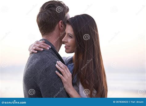 Couple Hug And Smile At Beach On Vacation Love Or Care With Romance