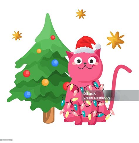 Vector Cute Christmas Cat Cartoon Winter Card Stock Illustration Download Image Now