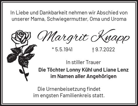 Traueranzeigen Von Margrit Knapp M Rkische Onlinezeitung Trauerportal