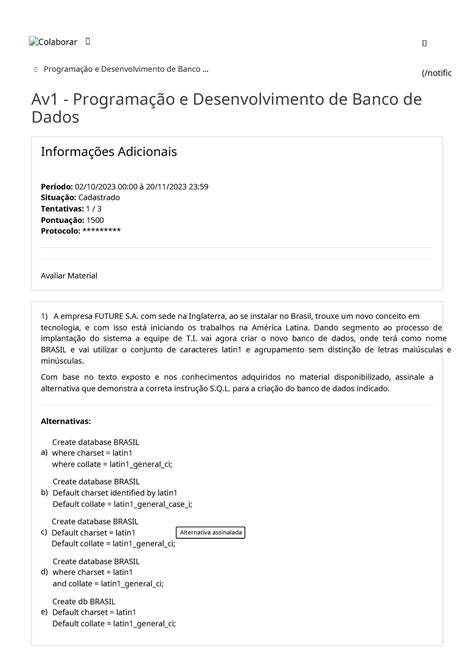 Av1 Programação E Desenvolvimento De Banco De Dados Programação E Desenvolvimento De Banco