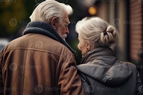 Back View Of An Elderly Couple Outdoors Elderly Man And Woman Are Walking Together Having