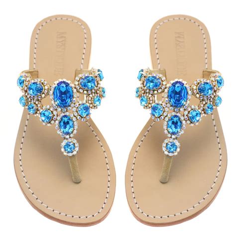 Cape Town Womens Blue Leather Jeweled Sandals Mystique Sandals