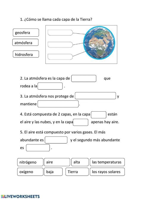 Las capas de la Tierra y la atmósfera worksheet Capas de la tierra