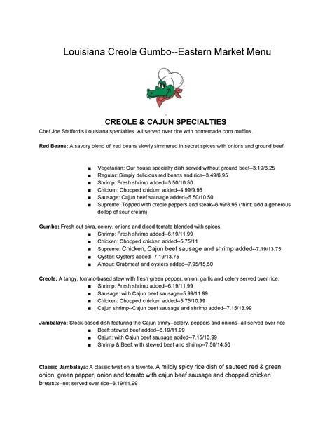 Louisiana Creole Gumbo Menu, Menu for Louisiana Creole Gumbo, East Side ...