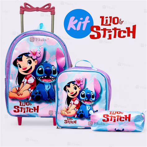 Kit Mochila De Rodinha Infantil Lilo Stitch Feminina Escolar