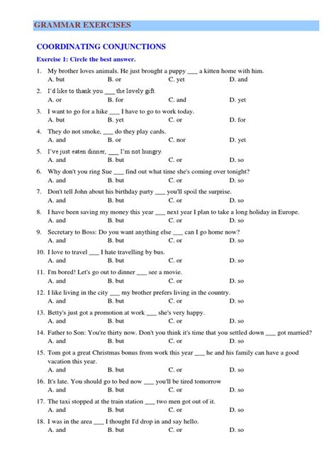 Grammar Exercises - Conjunctions | PDF