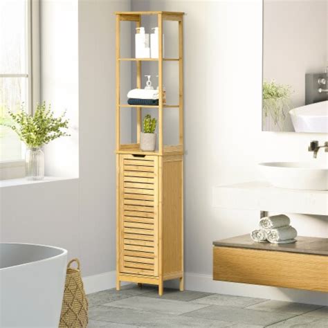 Tall Slim Bathroom Floor Cabinet Freestanding Linen Tower W 3 Shelves