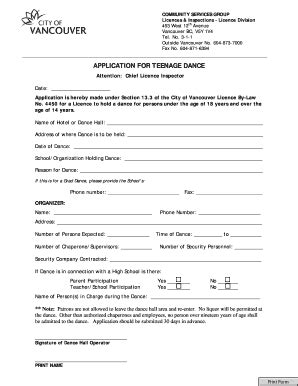 Fillable Online Vancouver Application For Teenage Dance Fax Email Print