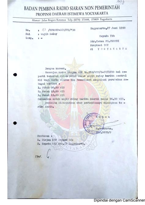 Surat Dari Ketua Badan Pembina Radio Siaran Non Pemerintah Provinsi