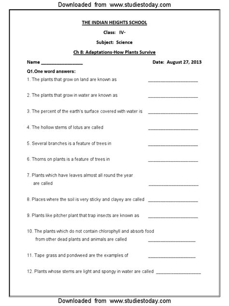 CBSE Class 4 Science Worksheet Adaptations How Plants Survive