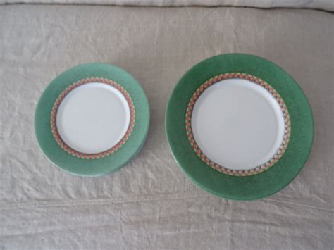 6 ASSIETTES PLATES ET 6 ASSIETTES DESSERT Losange Vert Orange ARCOPAL