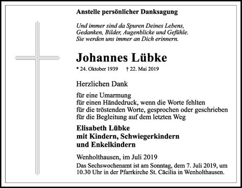 Traueranzeigen von Johannes Lübke Trauer in NRW de