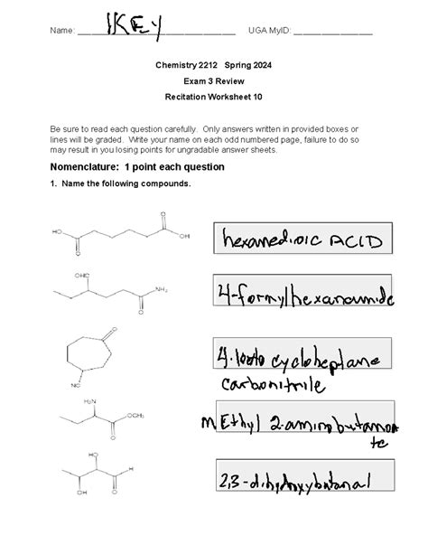 Test 3 Review Spring 2024 Chem 2212 Worksheet 10 KEY Name