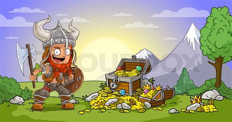 Cartoon Viking Warrior With Axe And Treasure Chest Stock Vector