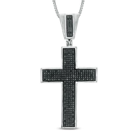 Men S 1 4 Ct T W Enhanced Black Diamond Cross Pendant In Sterling Silver 22 Silver And