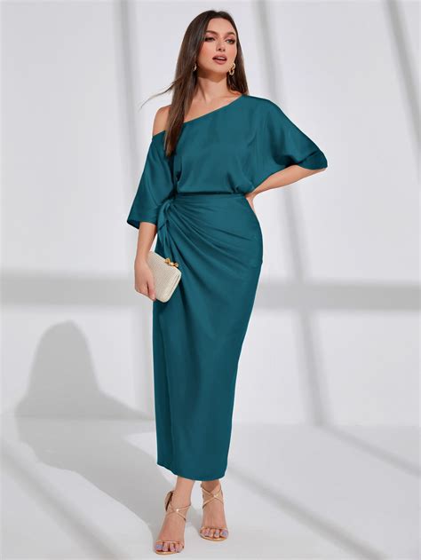 Shein Modely Asymmetrical Neck Batwing Sleeve Wrap Hem Satin Dress Shein