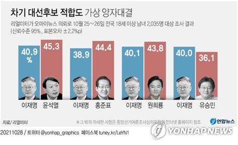 그래픽 차기 대선후보 적합도 가상 양자대결 연합뉴스