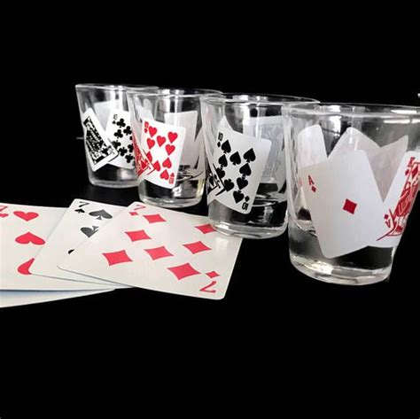 Vintage Shot Glasses With Playing Card Suits Set Of 4 Black And Red Retro Barware Las Vegas Game