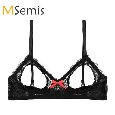 Msemis Black Women Sexy Lingerie Lace Floral See Through Open Cup