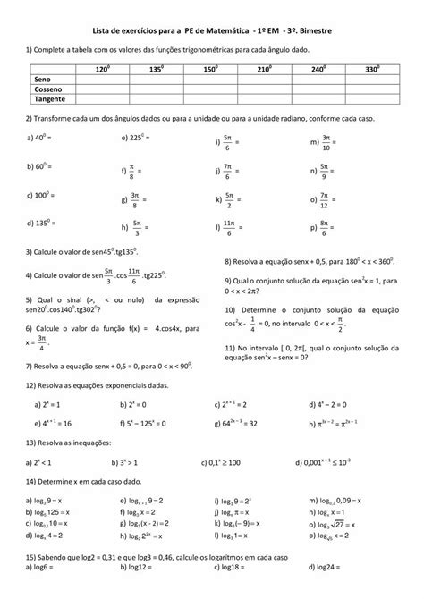 PDF Lista de exercícios para a PE de Matemática 1º EM 3º