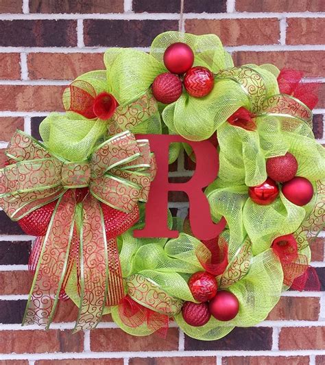 Lime Green And Red Deco Mesh Christmas Initial Wreath Etsy