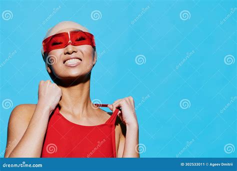 Fashion Woman Asian Portrait Beauty Red Smiling Sunglasses Emotion Glamour Blue Stock Image